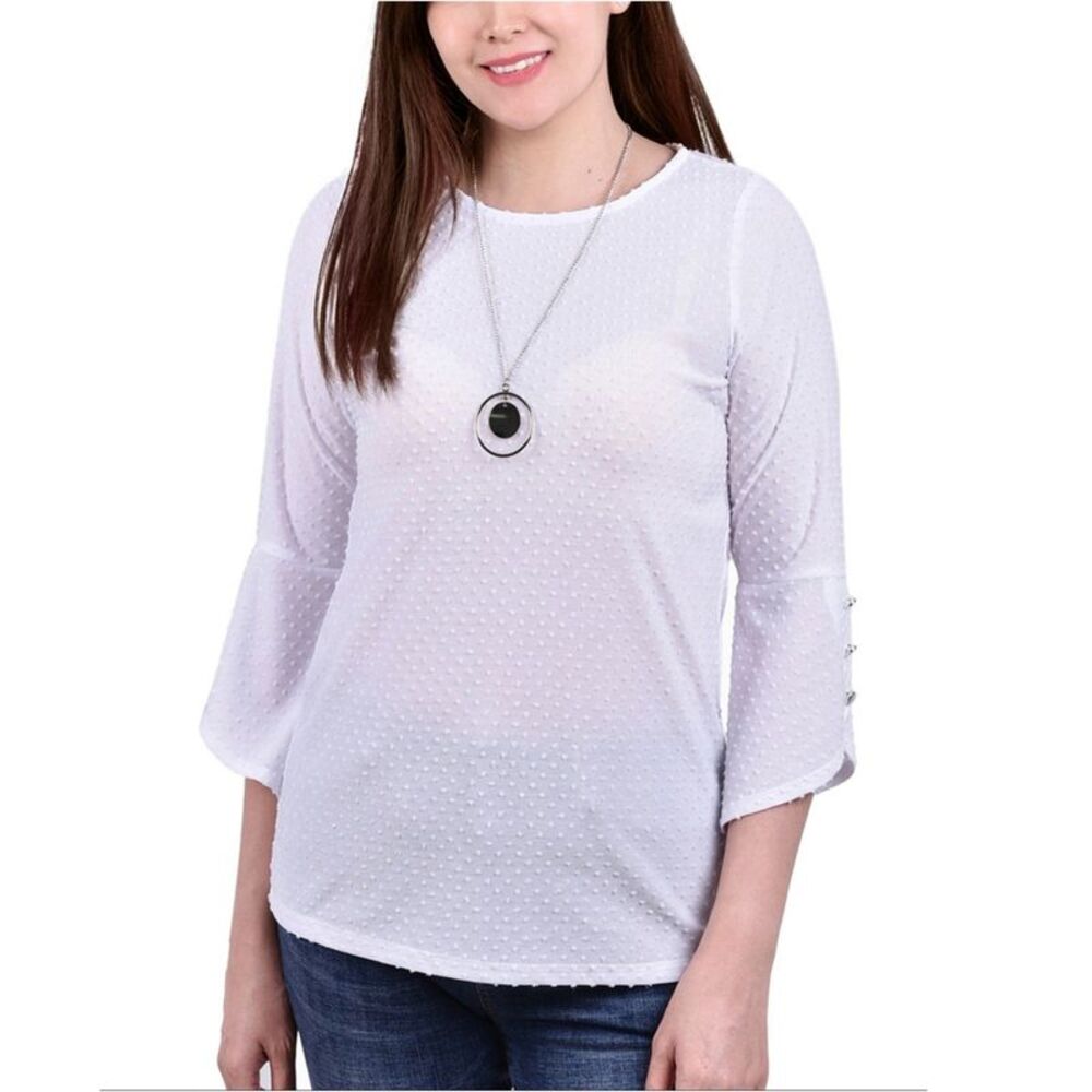 NY Collection Womens Petite Textured Swiss Dot With Necklace Knit Blouse, NWT